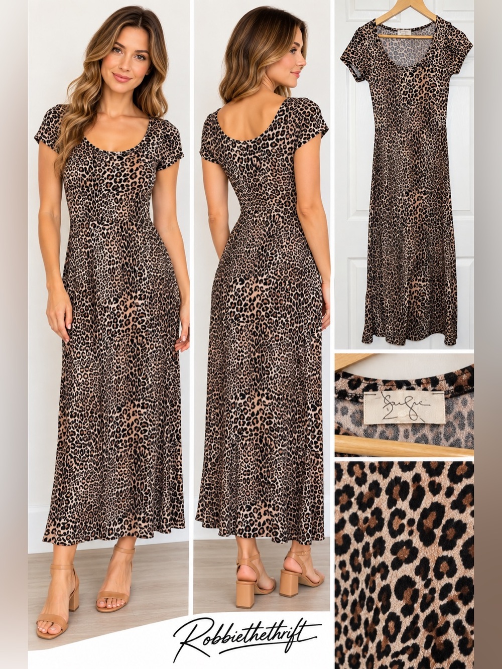 JESSICA SIMPSON Leopard Print Short Sleeve Maxi Dress Side Slit Large